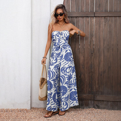 STropical Leaf Print Strapless Wide Leg Resort Jumpsuit