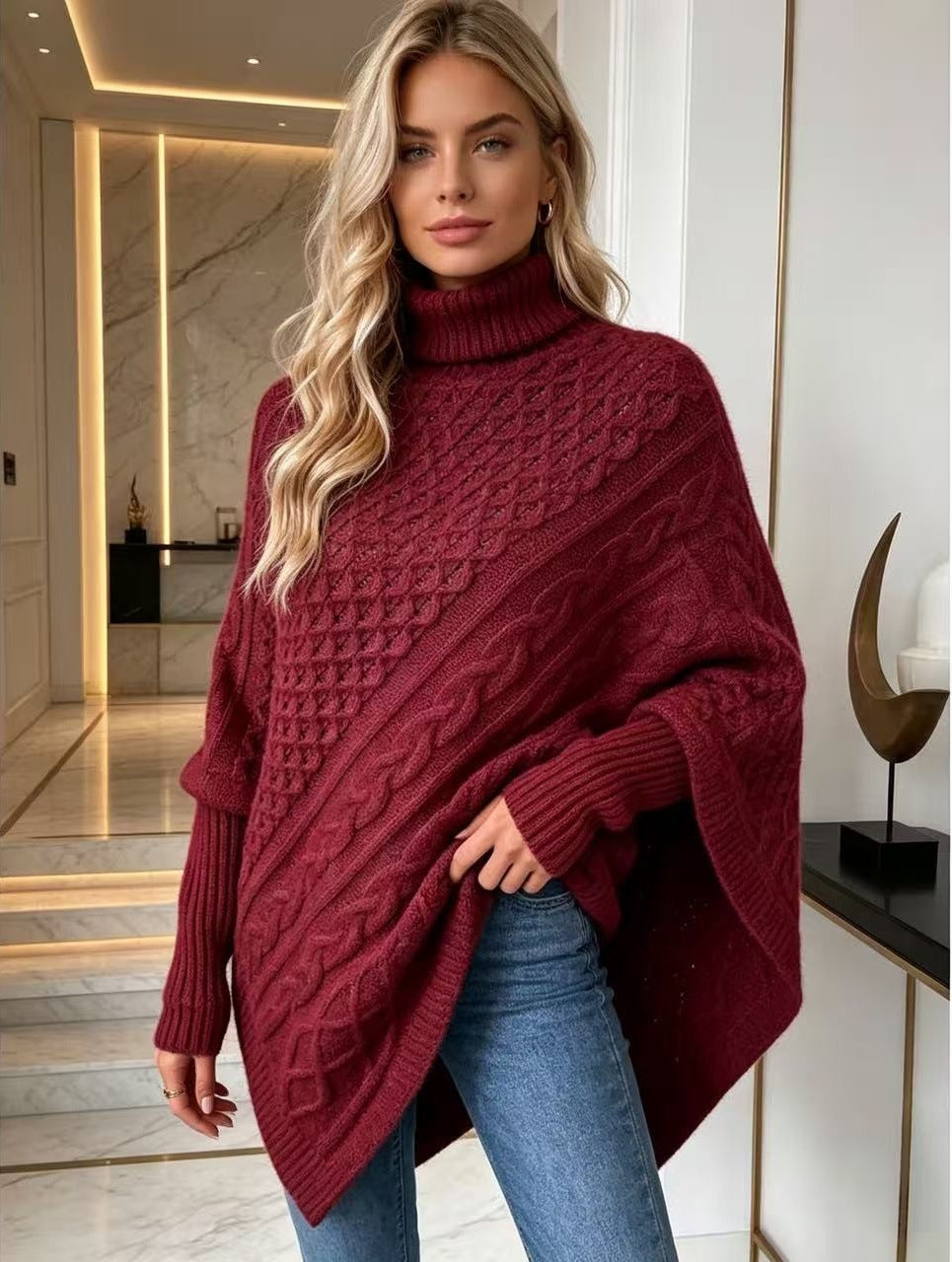 Women's Oversized Cable Knit Turtleneck Poncho Sweater