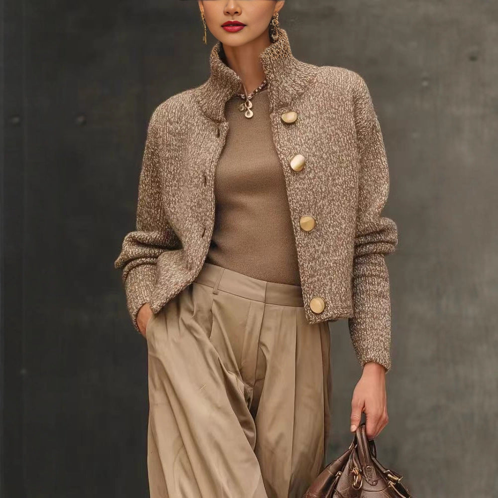 Women's Chunky Knit Mock Neck Button Cardigan Jacket
