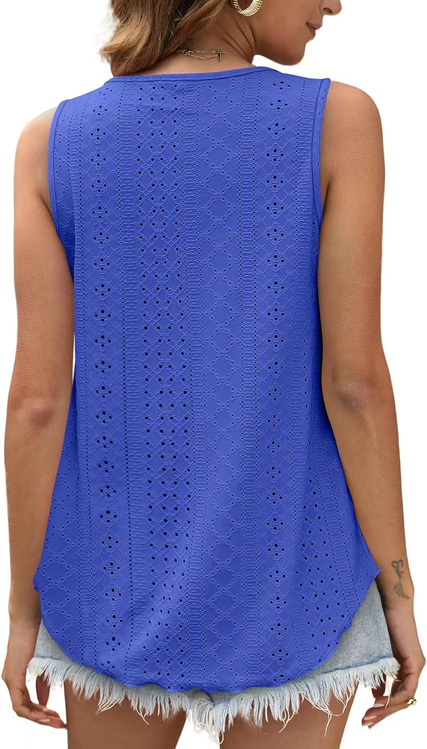 Eyelet Knit Tank Top Sleeveless Loose Fit Summer Top