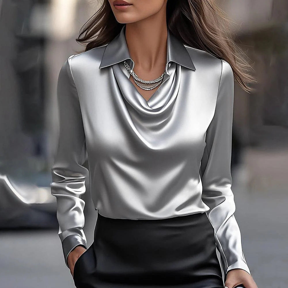 Women's Satin Cowl Neck Collared Long Sleeve Blouse