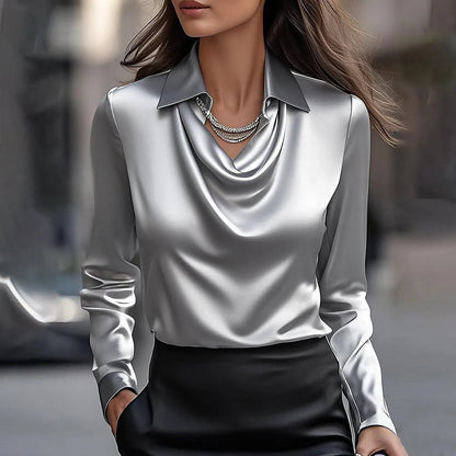 Women's Satin Cowl Neck Collared Long Sleeve Blouse