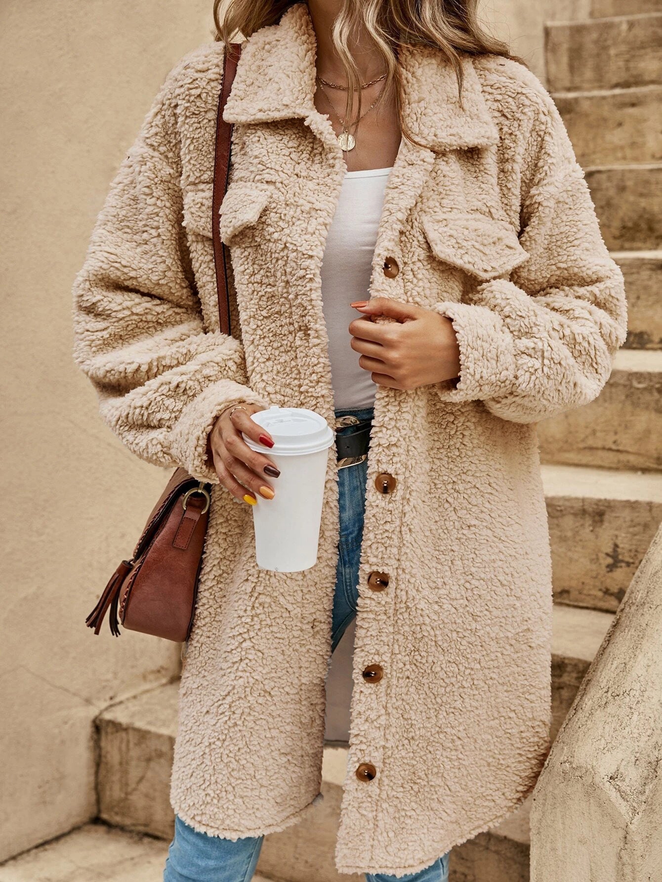 Women's Long Sherpa Jacket Button Down Collared Coat