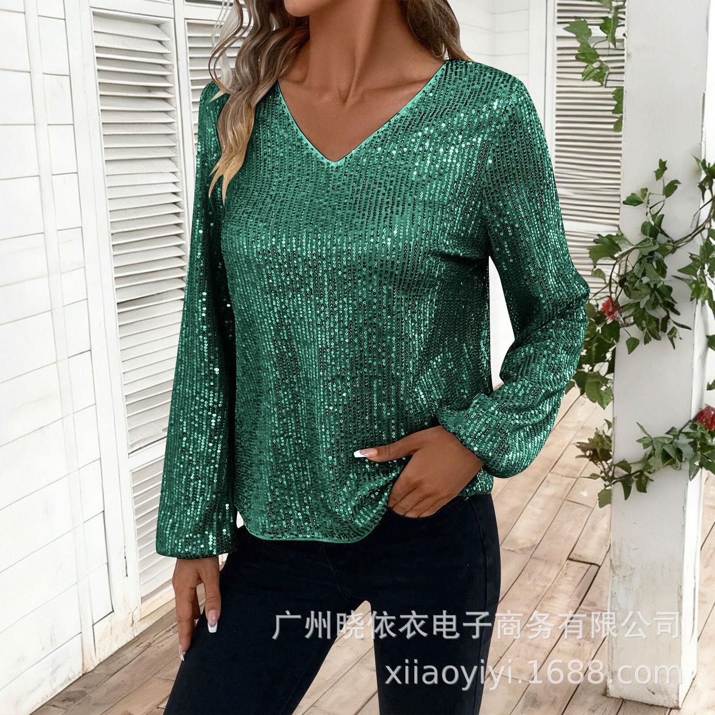 Women's Sequin V Neck Long Sleeve Party Top
