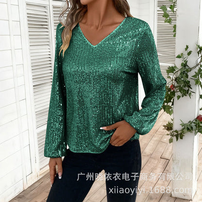 Women's Sequin V Neck Long Sleeve Party Top