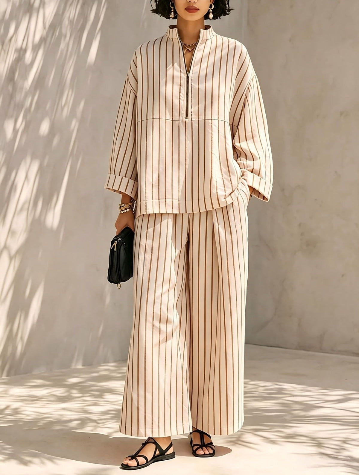 Women's Striped Half Zip Top Wide Leg Pants Set