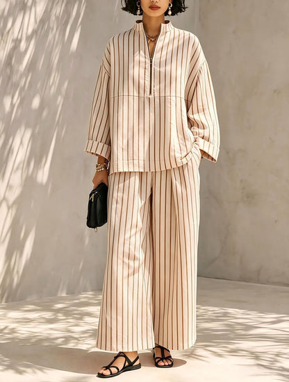 Women's Striped Half Zip Top Wide Leg Pants Set