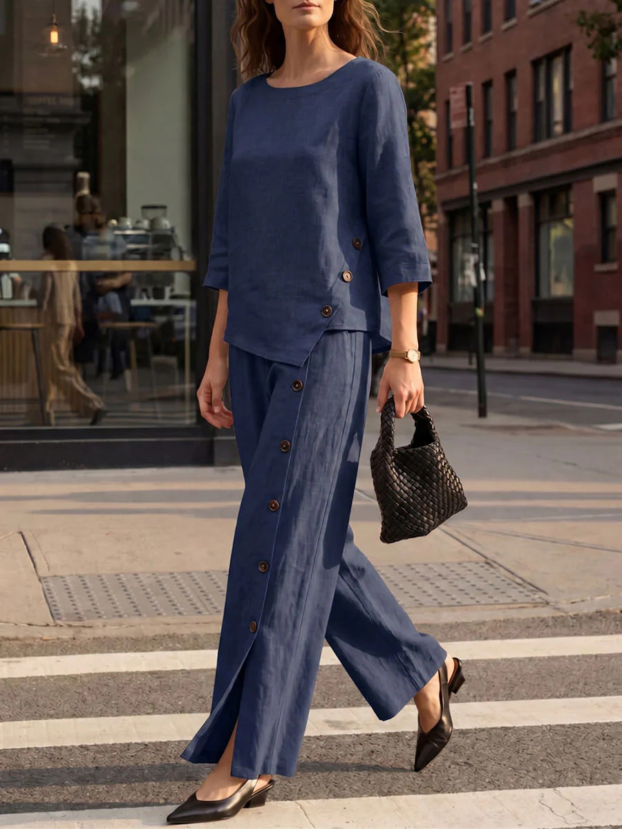 Women's Linen Cotton 2 Piece Set Wide Leg Pants Summer