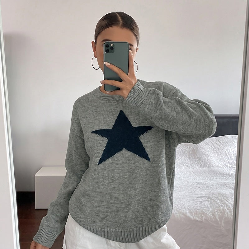 Women's Oversized Star Crew Neck Knit Sweater