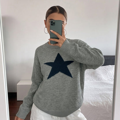Women's Oversized Star Crew Neck Knit Sweater