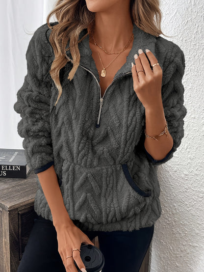Women's Sherpa Half Zip Collared Sweatshirt Pockets