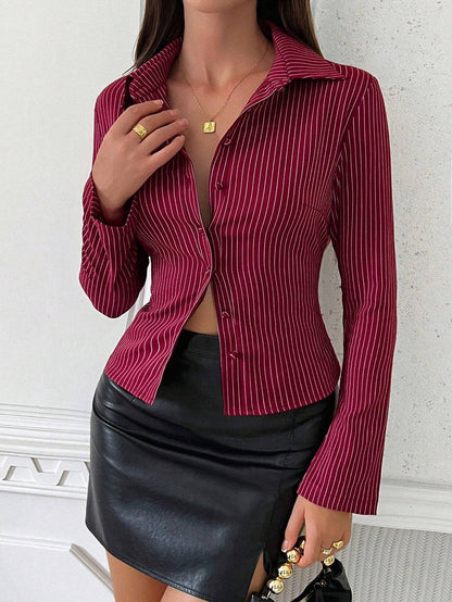 Striped V Neck Button Down Fitted Shirt Blouse for Women