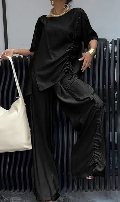 Women's Two Piece Lounge Set Wide Leg Pants Pockets