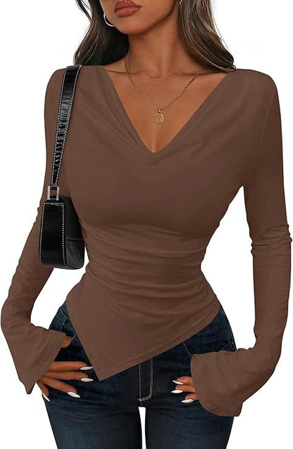 Women's Cowl Neck Long Sleeve Asymmetric Fitted Top