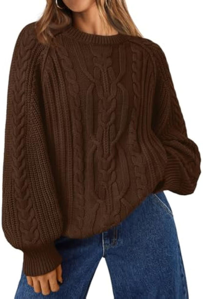Women's Oversized Cable Knit Crew Neck Pullover Sweater