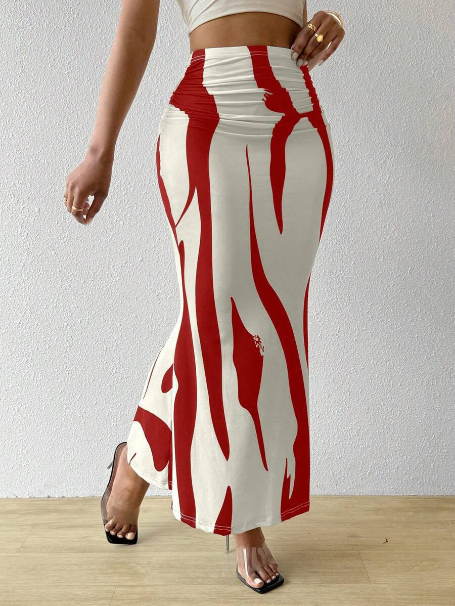 Zebra Print High Waist Ruched Bodycon Maxi Skirt