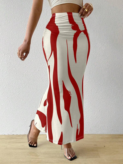 Zebra Print High Waist Ruched Bodycon Maxi Skirt