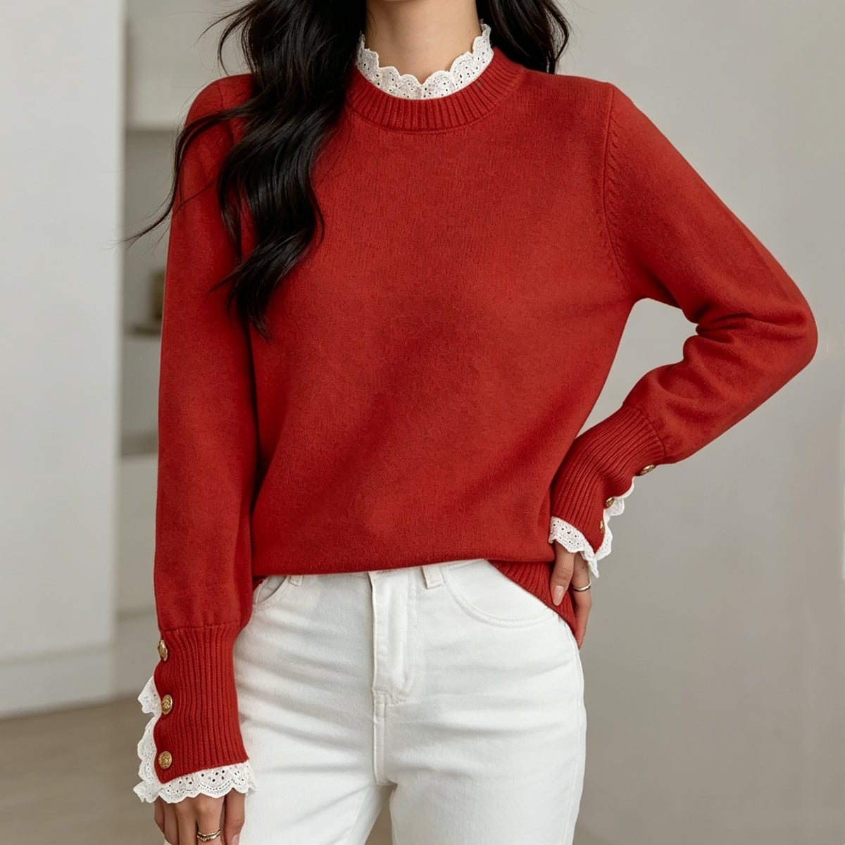 Women's Chenille Lace Trim Crew Neck Button Cuff Sweater