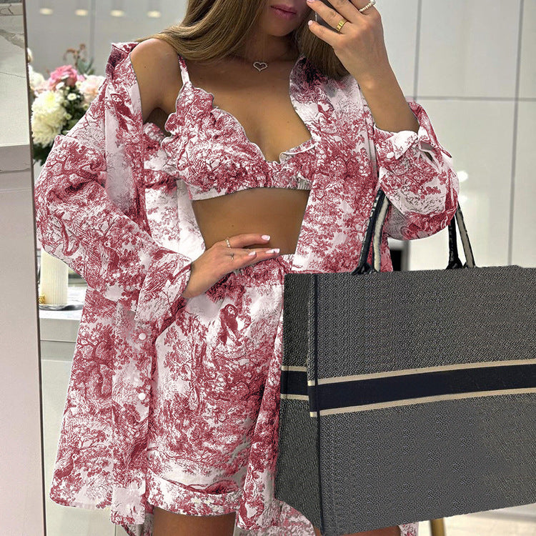 Women's 3 Piece Printed Shirt Crop Top Shorts Set