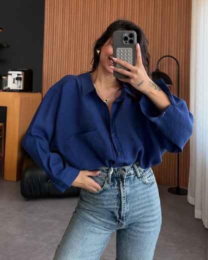 Women's Oversized Collared Pocket Button Down Shirt