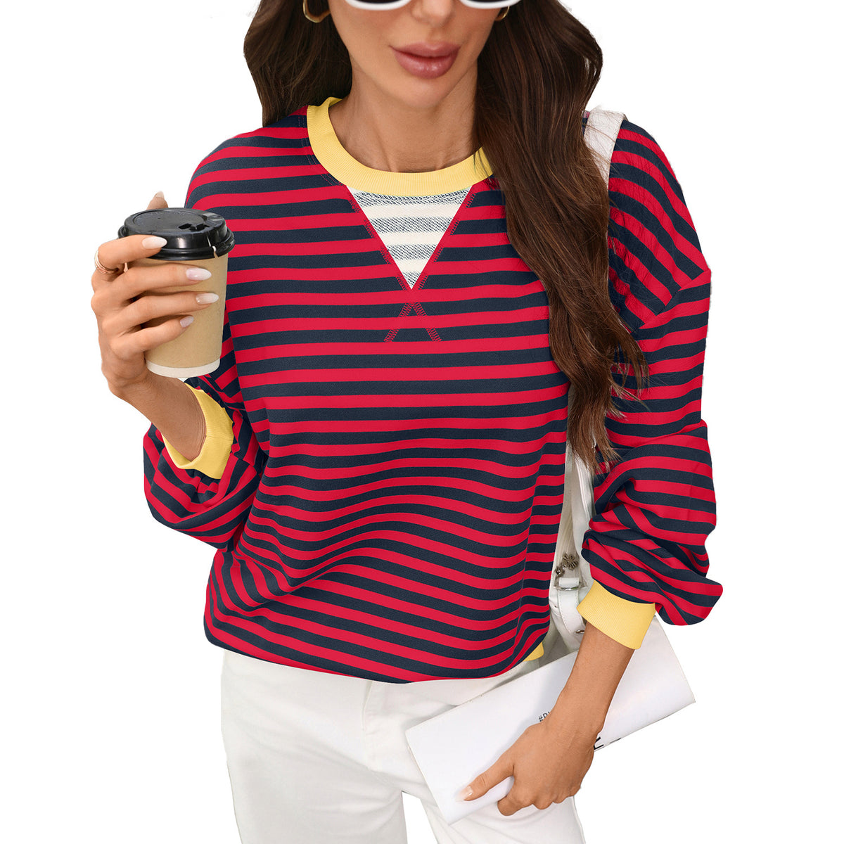 Women's Oversized Striped Contrast Crewneck Sweatshirt