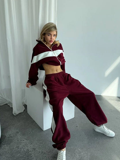 Womens Color Block Zip Up Tracksuit 2 Piece Set