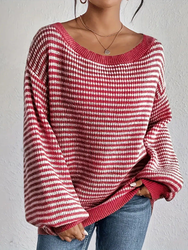 Women's Off Shoulder Striped Ribbed Sweater Top