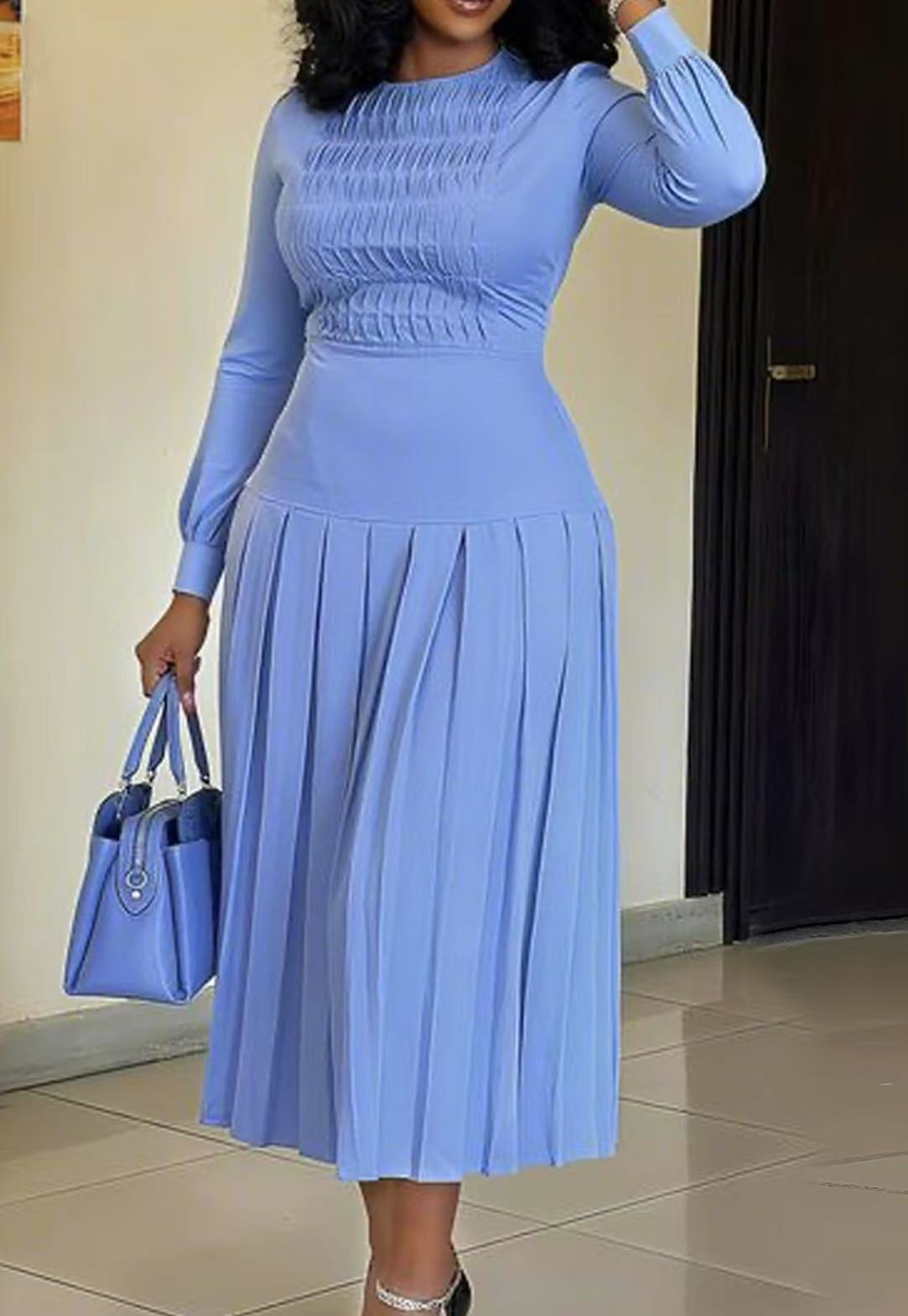 Women's Smocked Long Sleeve Pleated Blue Maxi Dress