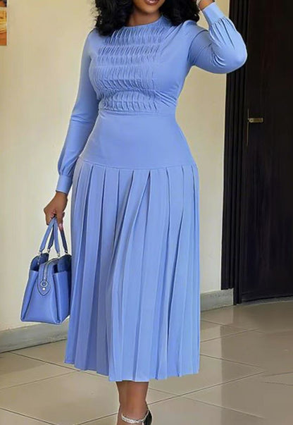 Women's Smocked Long Sleeve Pleated Blue Maxi Dress