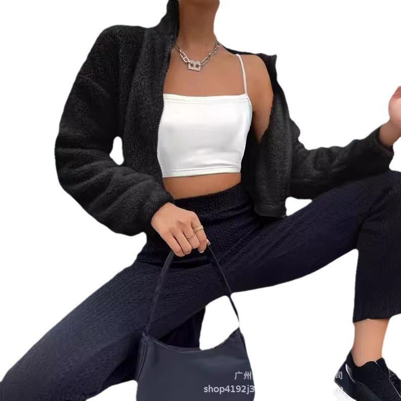 Women's Fuzzy Sherpa Crop Zip Up Jacket