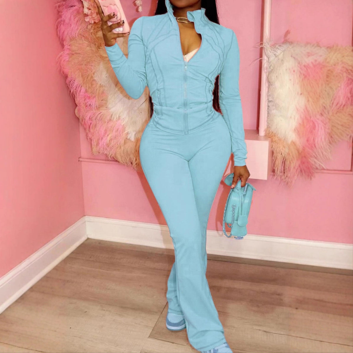 Women's Sexy Zip Up Crop Top & Flare Pants 2 Piece Set