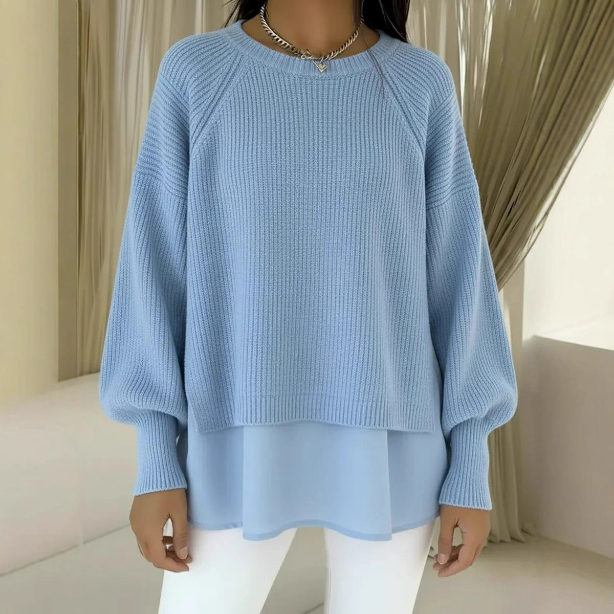 Women's Layered Chiffon Hem Balloon Sleeve Sweater