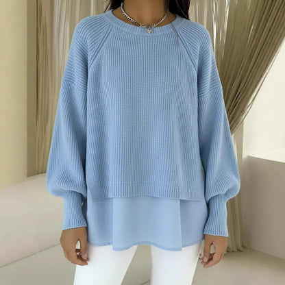 Women's Layered Chiffon Hem Balloon Sleeve Sweater