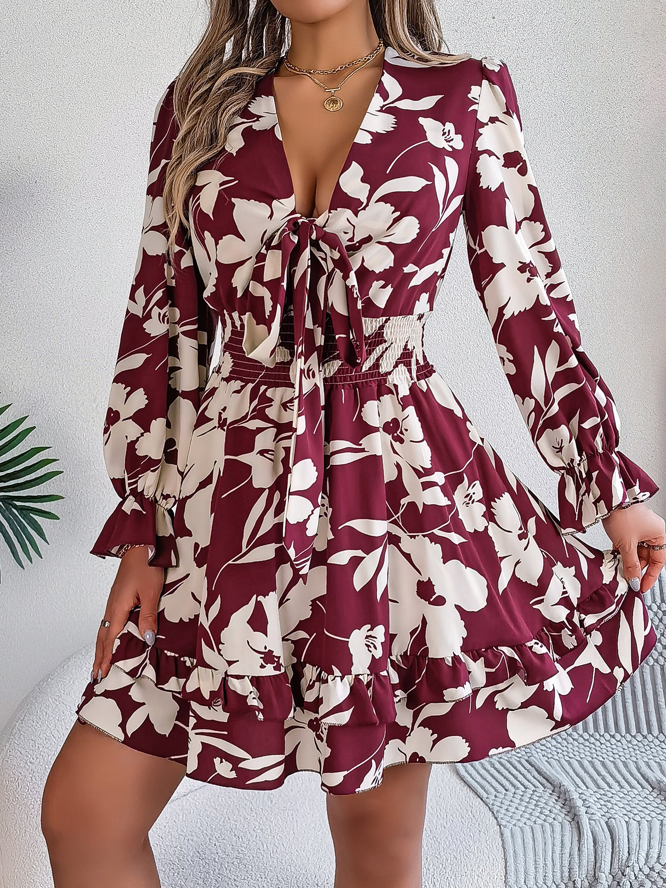 Floral V Neck Long Sleeve Ruffle Mini Dress