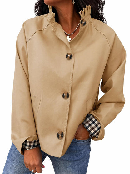 Women's Ruffle Stand Collar Button Front Jacket