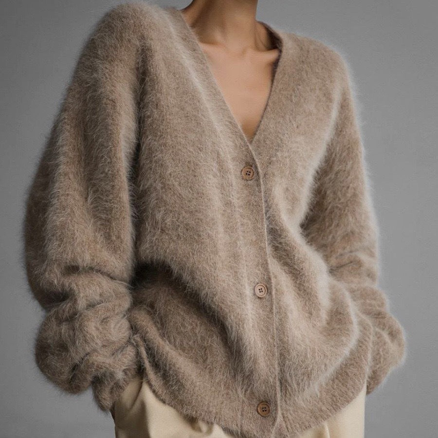Oversized Fuzzy V-Neck Cardigan Sweater