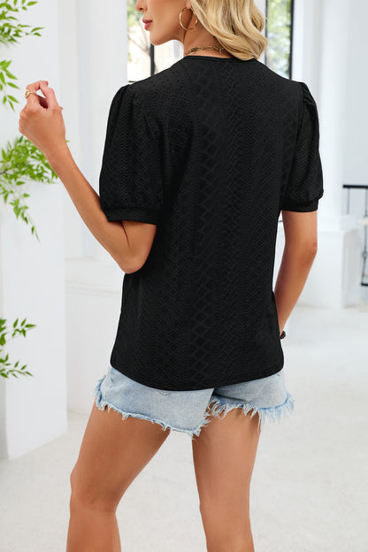 V Neck Lace Trim Puff Sleeve Blouse Casual Summer Top