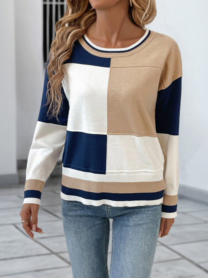 Color Block Patchwork Crew Neck Long Sleeve Knit Top
