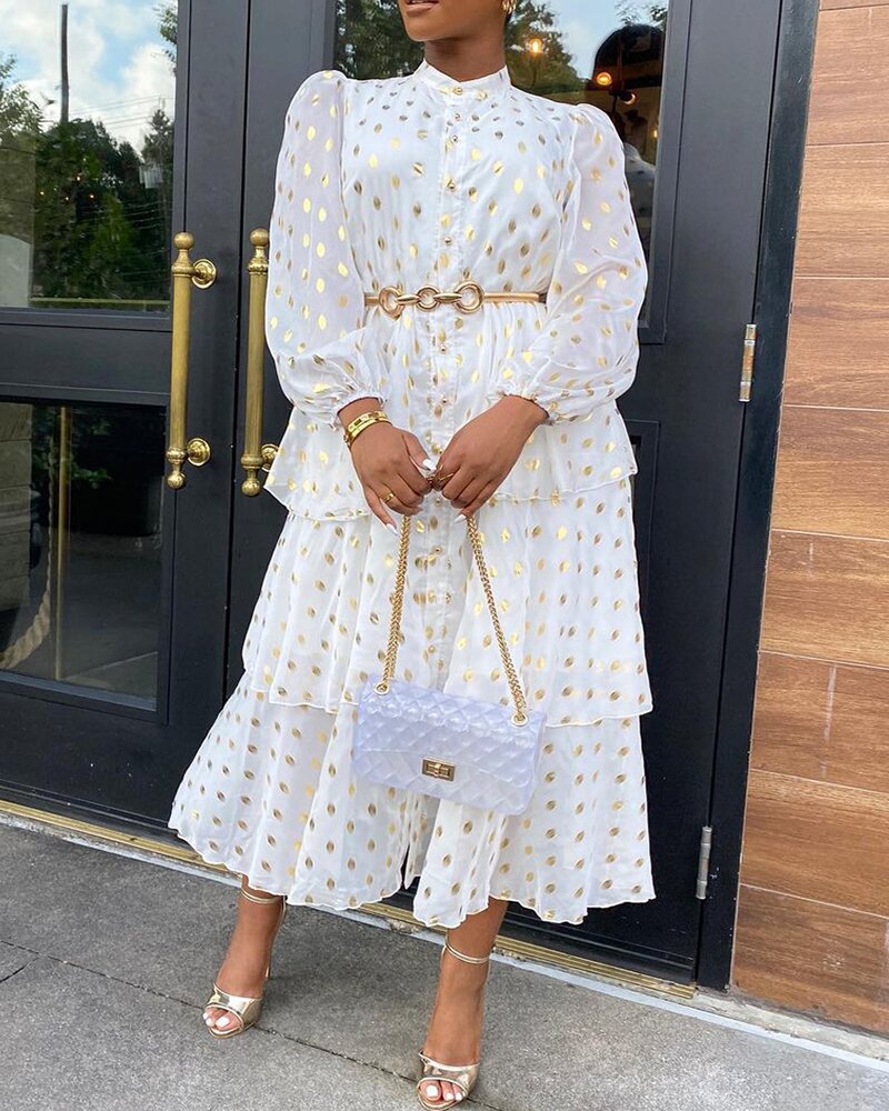 Gold Polka Dot Chiffon Tiered Long Sleeve Maxi Dress