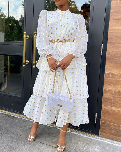 Gold Polka Dot Chiffon Tiered Long Sleeve Maxi Dress