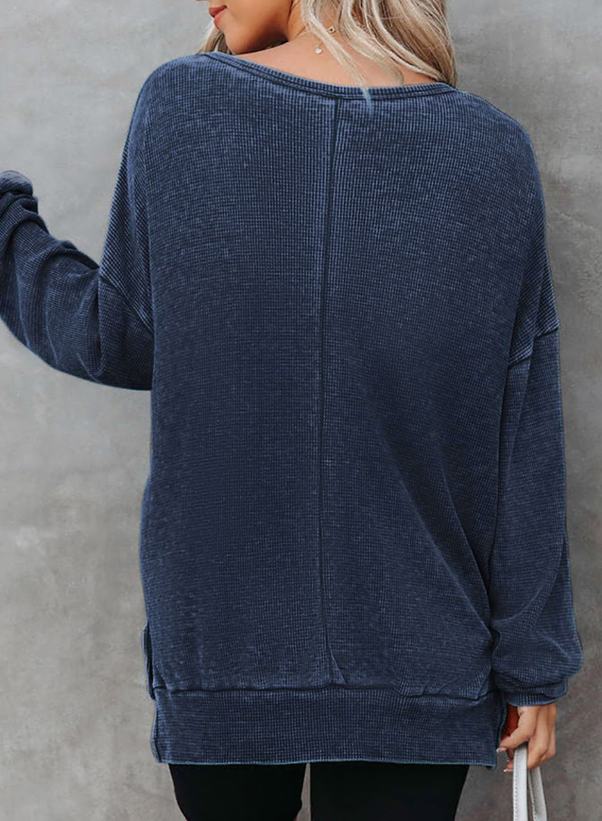 Waffle Split Hem Sweatshirt Women Casual Long Sleeve Top