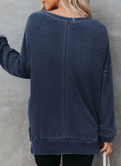 Waffle Split Hem Sweatshirt Women Casual Long Sleeve Top