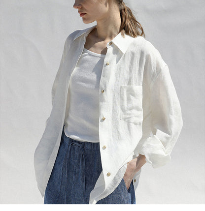 High-End Linen Shirt Women Spring Oversized Turn-Down Collar