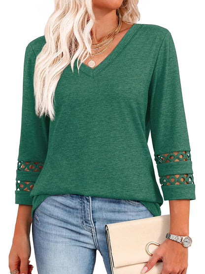 Women's V Neck 3/4 Sleeve Crochet Trim Loose Casual Blouse
