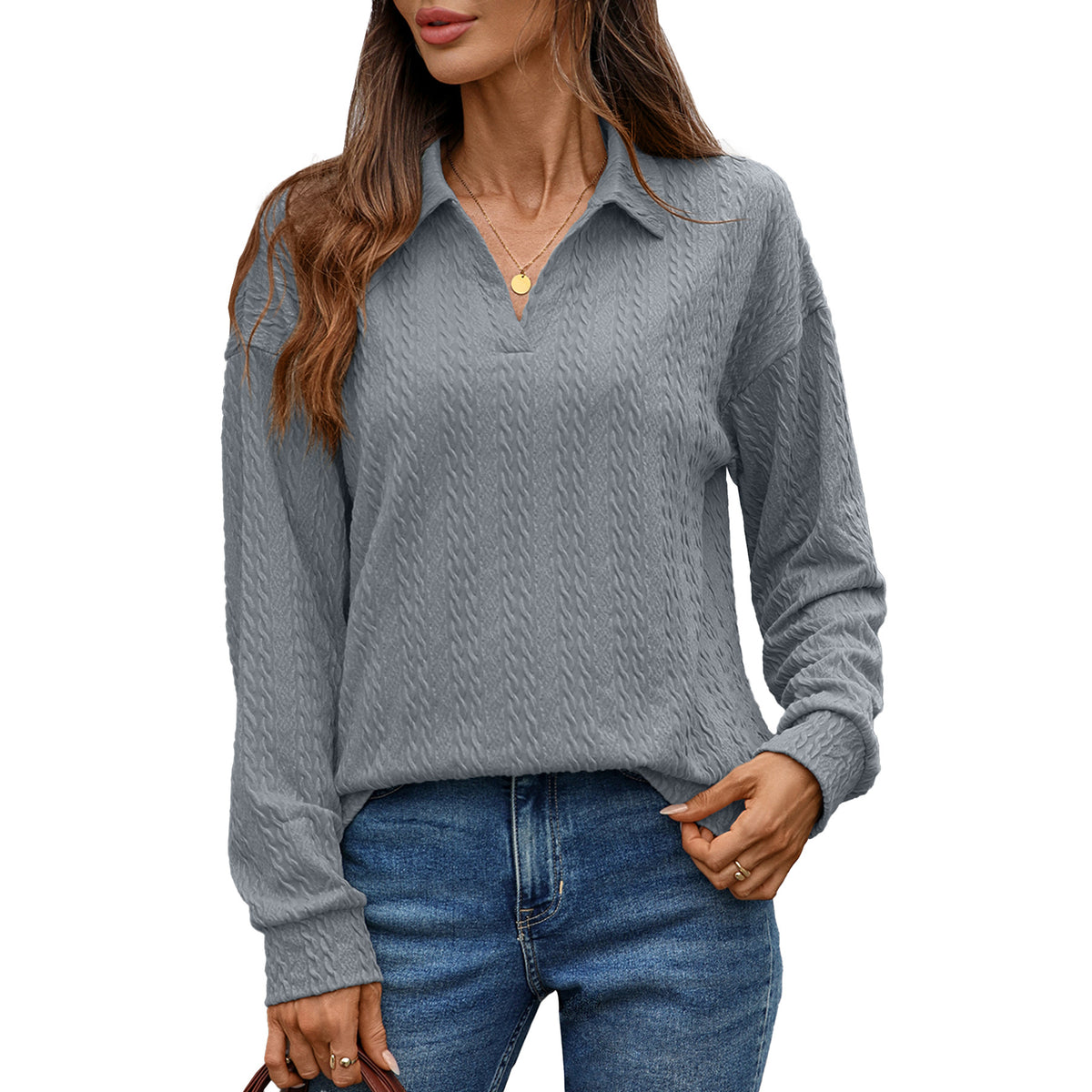 Women's Textured Collared Sweatshirt Long Sleeve Pullover