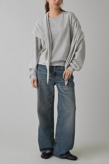 Striped Knit Sweater with Scarf Detail Crew Neck Pullover