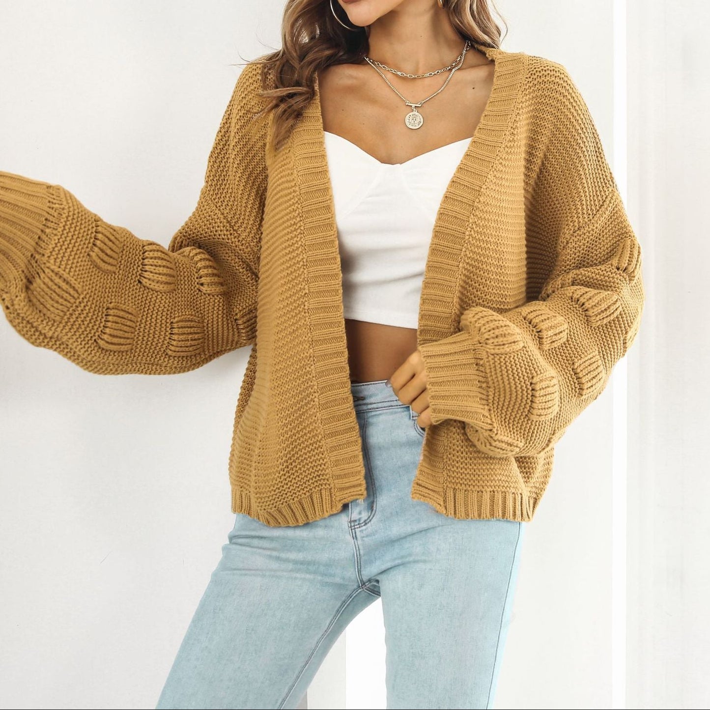 Oversized Chunky Knit Cardigan Open Front Lantern Sleeve