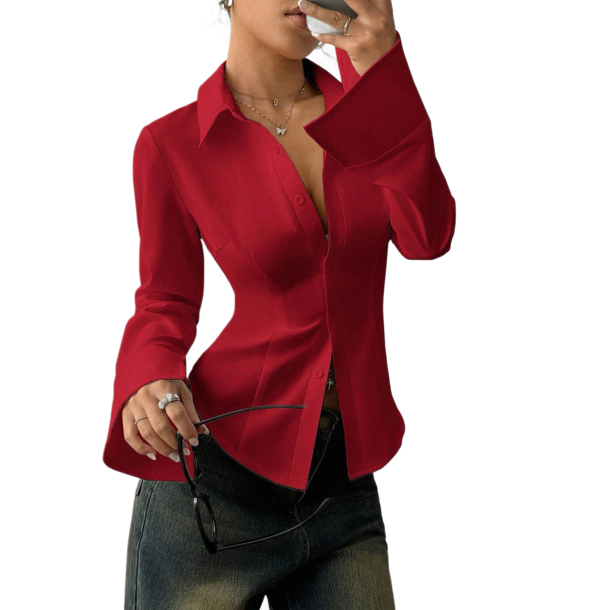 Women's Satin V-Neck Collared Long Sleeve Fitted Blouse