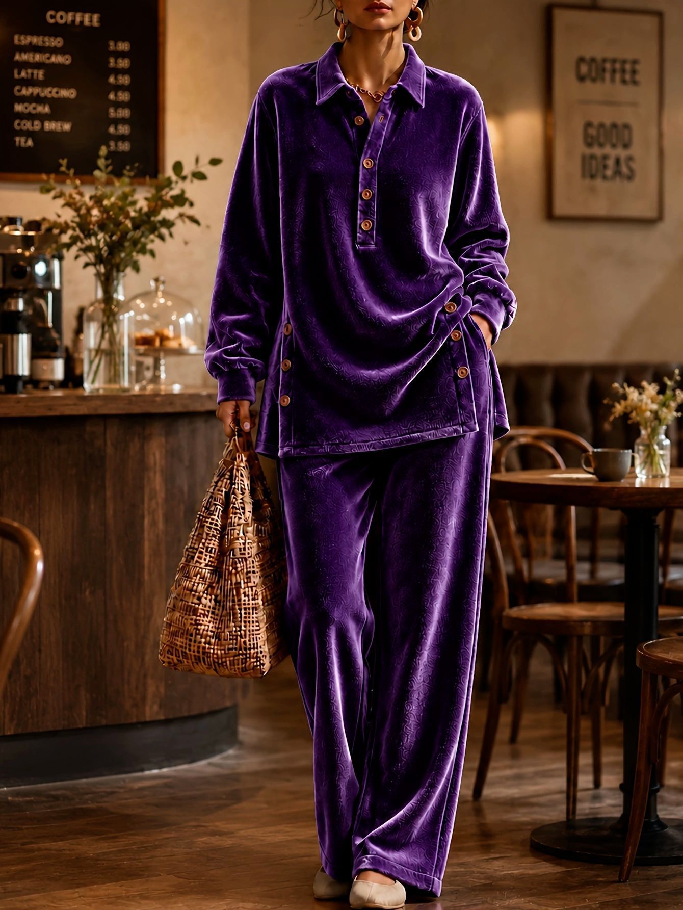Women's Velvet Lounge Set Button Top & Wide Leg Pants