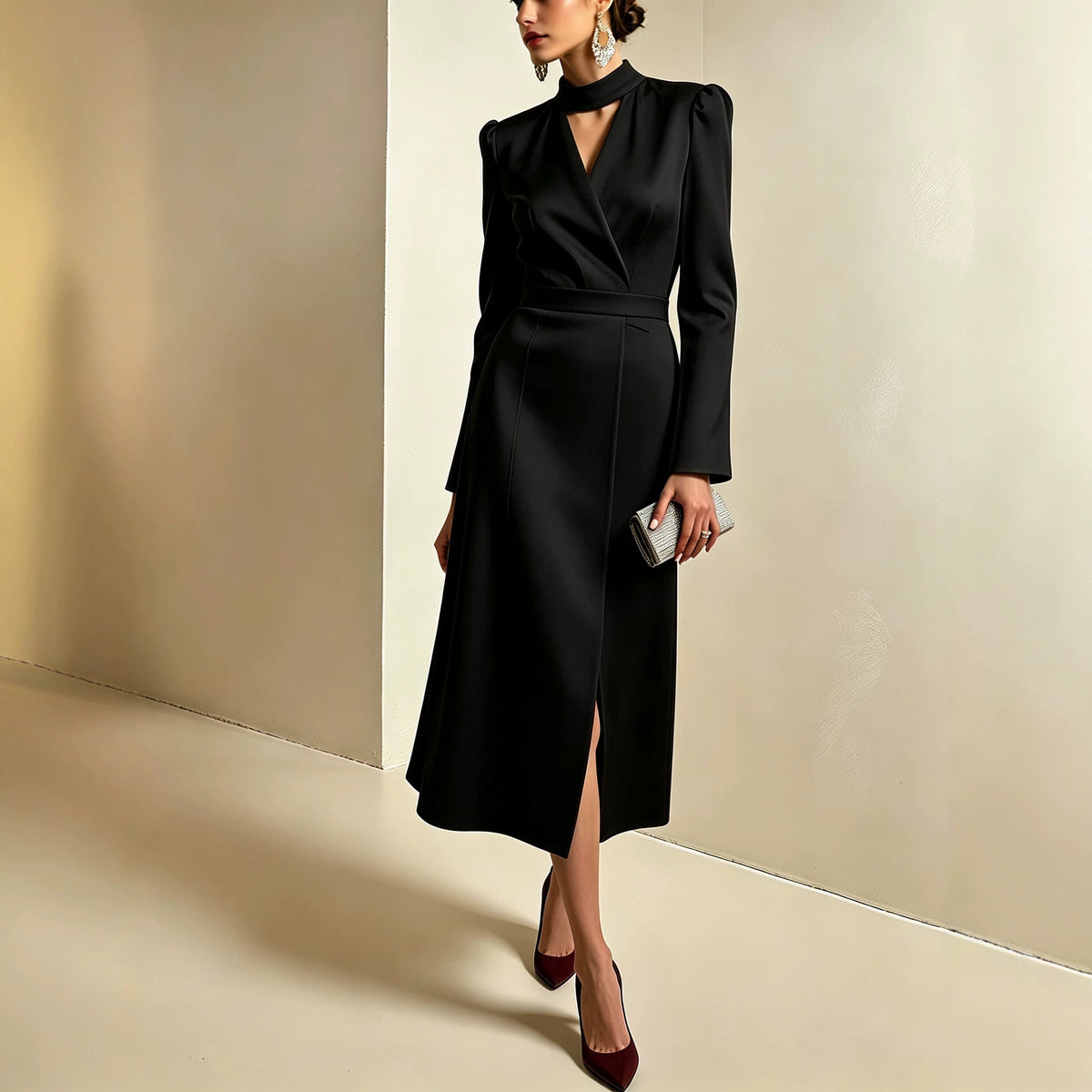 Women's V Neck Long Sleeve A-Line Midi Slit Dress